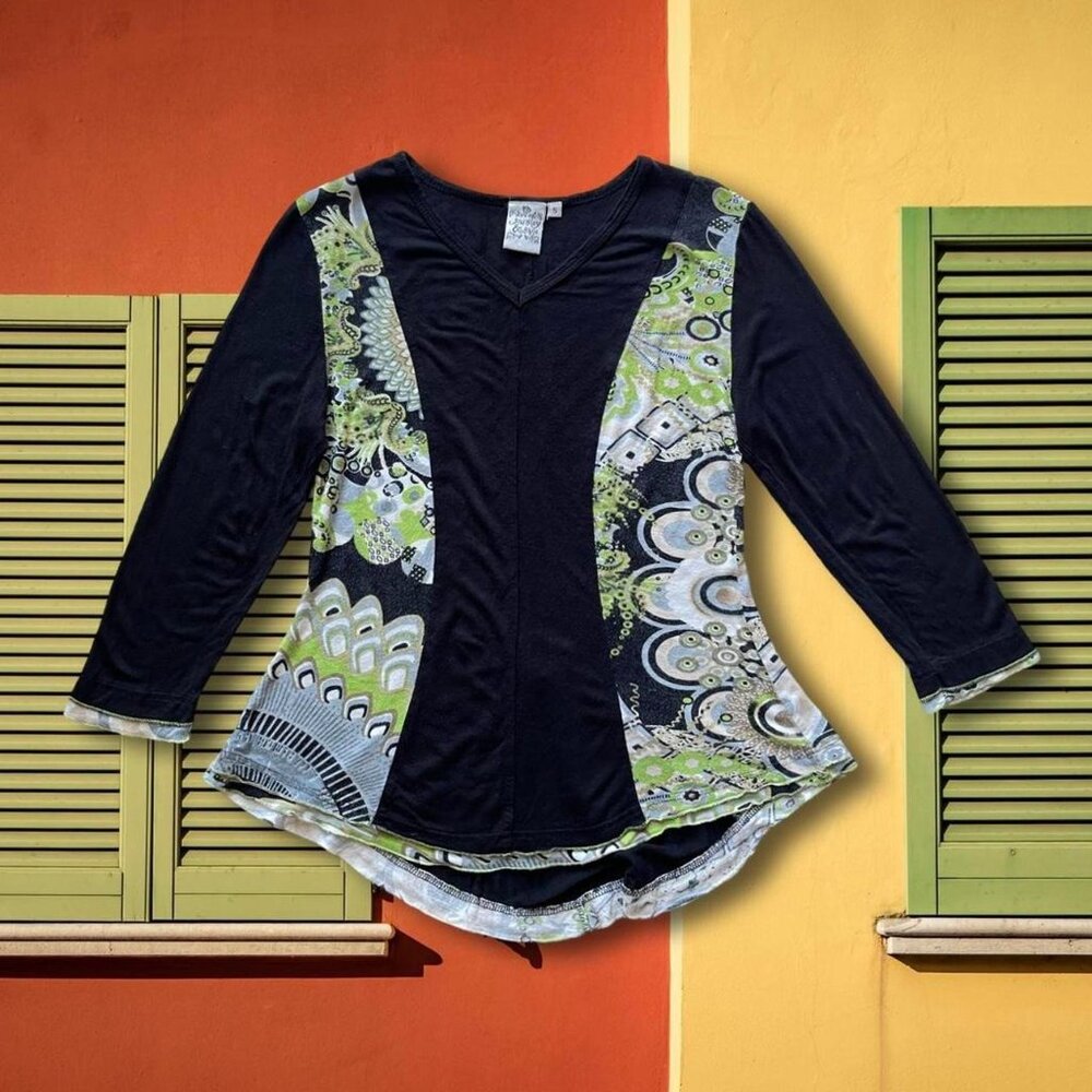 Parsley & Sage Black Green Abstract Long Sleeve‎ Top Boho Funky Art Tunic Size S